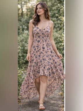 201 Jessica Simpson Yasmin Pink Floral Hi Low Maxi Dress XS Cottagecore Ruffles